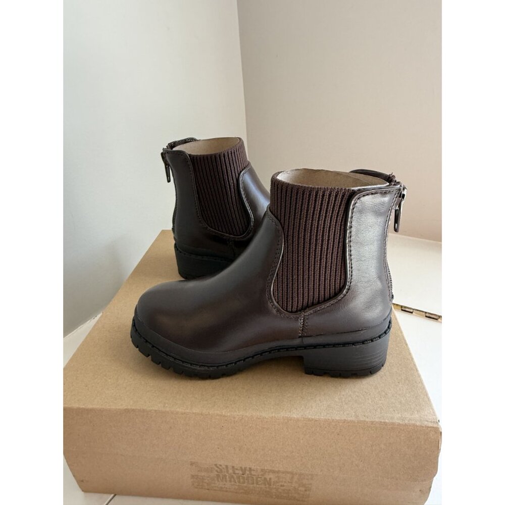 NWB Steve Madden Kids Hazzel Leather Ankle Boot Chocolate Brown Size 8 Kids [jb] - Picture 4 of 12